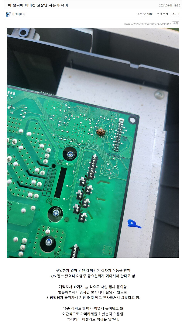 이 날씨에 구입한 지 얼마 안된 에어컨이 고장나서 빡친 펨코인